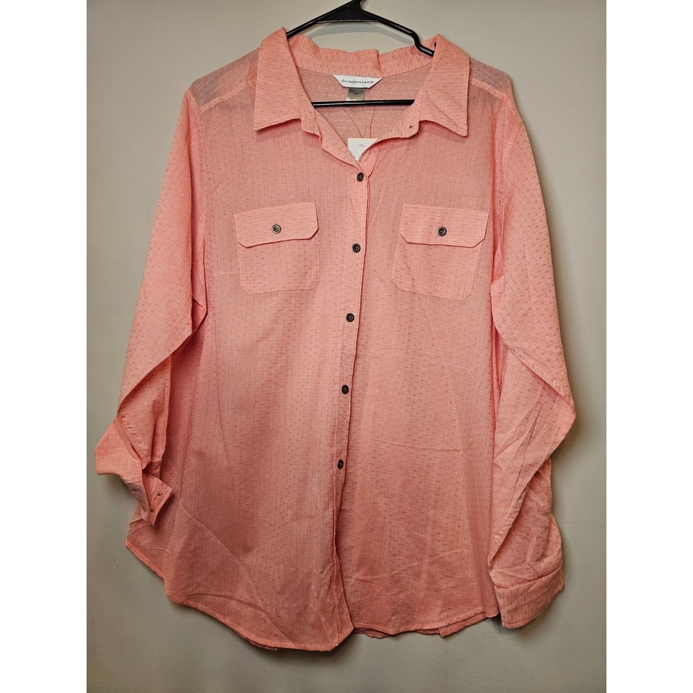 Christopher & Banks Peach Coral Dobby Button Down Shirt XL Long Sleeve Roll Tab